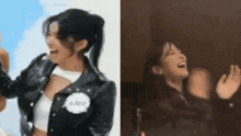 a woman in a black jacket is laughing and a woman in a white shirt is laughing .