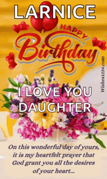 a happy birthday card for larnice with flowers and balloons