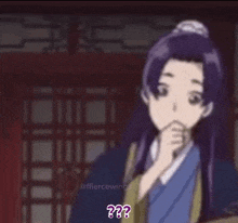 a purple haired anime girl is holding her hand to her mouth and talking .