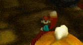 a cartoon squirrel is sitting on top of a yellow object in a video game .