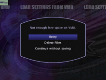 a screen shows that there is not enough space on vmu