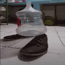 a bottle of water sitting on top of a shoe