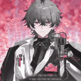 a drawing of a boy with a microphone in front of him with a red background