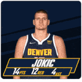 a man in a denver jersey has 14 pts 12 reb and 4 ast