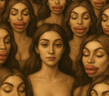 a painting of a group of women with large red lips