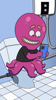 a cartoon octopus is sitting on a toilet with a cell phone