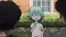 a little girl with green hair is eating an ice cream