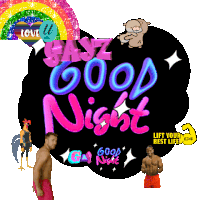 a gayz good night greeting card with a rainbow and two men