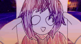 a drawing of a girl with purple hair and glasses