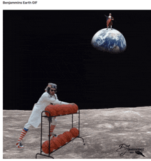 a benjamins earth gif shows a man on the moon with basketballs