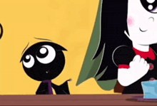 a cartoon character is sitting at a table with a microphone in front of a yellow background .