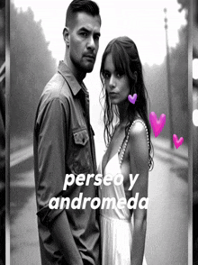 a black and white photo of a man and woman with the words perseo y andromeda