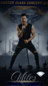 a man singing into a microphone in front of a master class concert sign