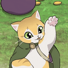 a cat wearing a green cape is waving its paw in the air