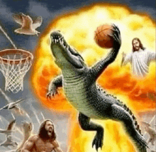a crocodile is holding a basketball in its mouth in front of a basketball hoop and jesus .
