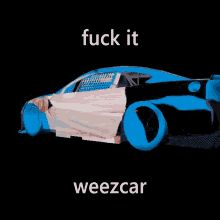 a man in a striped shirt is laying in front of a blue race car that says weezcar