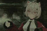 a girl with white hair and red eyes is wearing glasses and a choker around her neck