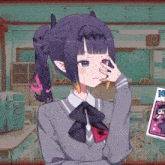a girl with purple hair holds her hand to her forehead in front of a magazine that says n on it