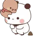 a cartoon of a panda bear holding a teddy bear on top of it .
