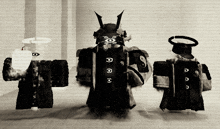 a black and white photo of a samurai and two angels standing next to each other