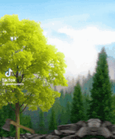 a tree in a forest with a tiktok icon