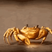 a golden crab is crawling on a table .