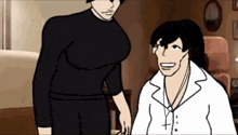 a man in a black shirt is standing next to a man in a white shirt with a cross around his neck