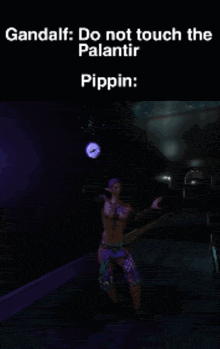 a screenshot of a video game with a caption that says gandalf do not touch the palantir pippin