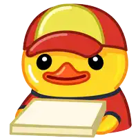 a yellow rubber duck wearing a red hat holds a pizza box