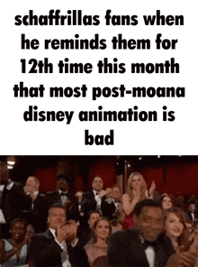 a group of people clapping in a theater with a caption that says schaffrillas fans when he reminds them for