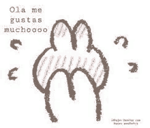a drawing of a rabbit with the words `` ola me gustas muchoooo '' written on it .