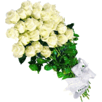 a bunch of white roses with green leaves and a white bow