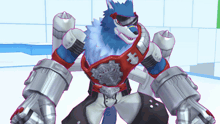 a cartoon character with a blue furry head and a red belt with the letter h on it