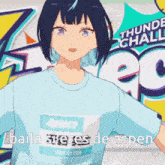 a girl is wearing a blue shirt that says 4piece