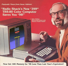 a man sitting in front of a computer that says " radio shack 's new trs-80 color computer saves you 98 "