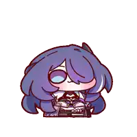 a cartoon drawing of a girl with purple hair holding a bunch of grape candy