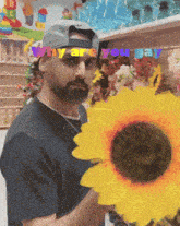 a man holding a sunflower with the words " why are you gay " on the bottom