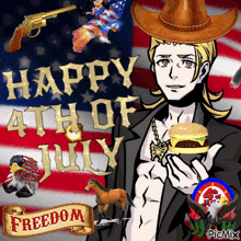 a man in a cowboy hat is holding a hamburger in front of an american flag that says happy 4th of july