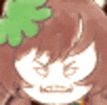 a close up of a cartoon character 's face with a green leaf on his head .
