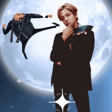 a man standing in front of a full moon with a despicable me character flying in the background