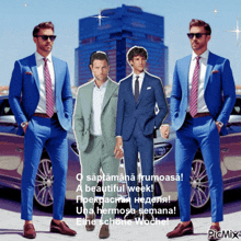 three men in suits and ties are standing in front of a car and a building