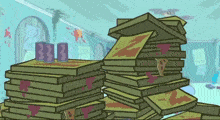 a stack of pizza boxes with a can of soda on top
