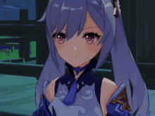 a close up of a purple haired anime character with pink eyes