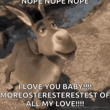 a donkey from shrek says " nope nope nope i love you baby !!! moreosterestetest of all my love !!! "