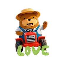 a teddy bear is riding a toy tractor with the word love written on the side