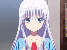 a girl with white hair and blue eyes is holding a watermelon in her hand