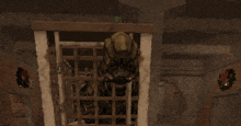 a man in a gas mask sits in a cage