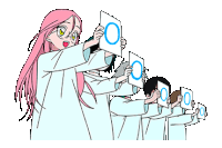 a group of anime characters are standing next to each other and holding papers .