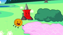 a cartoon drawing of a red object with a smiley face