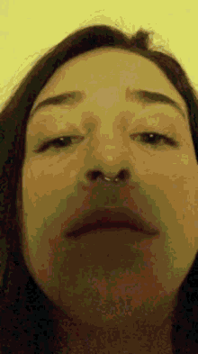 a close up of a woman 's face with a piercing in her nose